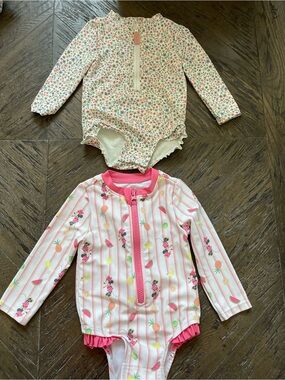 Baby Long-Sleeve Floral and Fruit Print One-Piece Swimsuits